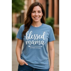 GILDAN "Blessed Mama" Graphic Tee – XL Women's T-Shirt in Soft Heather Blue